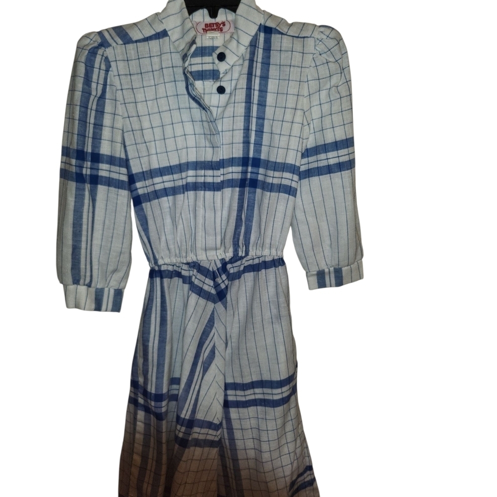 Elegant Blue Checkered Long Sleeve Dress - Picture 2 of 5